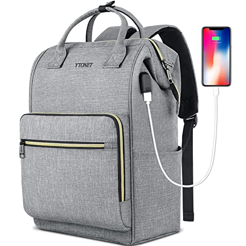 Ytonet Laptop Backpack for Women, Travel Backpack for College with USB Charging Port Fit 15.6 Inch Laptop, Womens Backpack Purse Water Resistant backpack Carry on Bag for Office/Teacher/Work, Grey