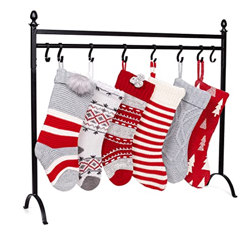 BIRDROCK HOME 8 Hook Deluxe Christmas Stocking Holder Stand for Floor | Heavy Duty Freestanding Rack | Iron Metal with Sturdy Base: 41” Long x 35” Height x 11” Wide | Holiday Decor Hanger | Black
