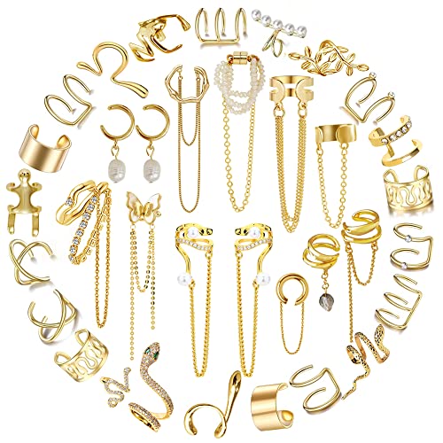 35 PCS Gold Silver Adjustable Ear Cuffs Earrings for Women Girls Non-Piercing Cartilage Clip on Earrings Wrap Ear Jewelry Set,Punk Snake Butterfly Claw Stud Earrings Gift (Gold)