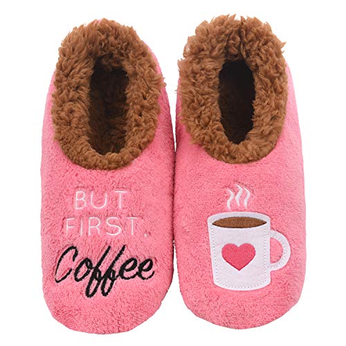 Snoozies Pairable Slipper Socks | House Slippers for Women, Fuzzy Slipper Socks | With Unique Designs, Non Slip Socks - But First Coffee - Medium