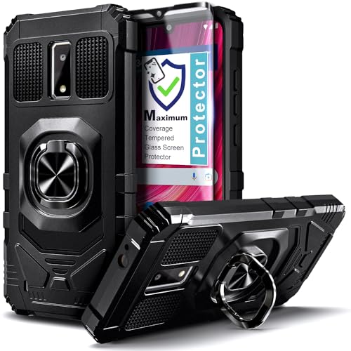 WDHD Compatible with BLU View 4 / View 2 2023 (B135DL) Case with Tempered Glass Screen Protector, Full-Body Protective Magnetic Car Ring Holder [Military-Grade] Case (Black)