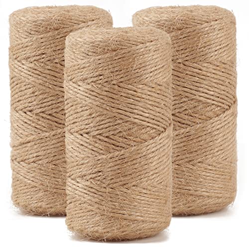 984 FT Natural Jute Twine, Twine String, 3ply Thin Ribbon Hemp Twine, Twine for Gardening Plant Gift Wrapping Art Wedding Decoration Packing String Bulk (3 Roll)