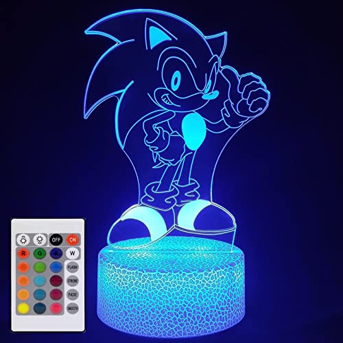 XVSGE Sonic Anime Lamp 3D Night Light for Kids -16 Colors 3D Illusion Lamp with Remote & Smart Touch,Bedroom Decorations Sonic Led Light, Birthday Christmas Gifts for Teens Boys Girls Kids