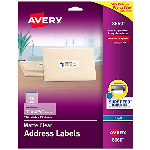 AVERY Frosted Address Labels with Matte Finish, 1' x 2-5/8', 750 Clear Labels (8660)