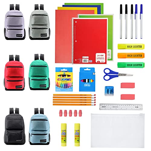 12-Pack 19” Sport Backpacks with 52 Piece School Supplies Kits – Bulk Bundle Essential for Elementary, Middle, and High School Students, 6 Assorted Styles