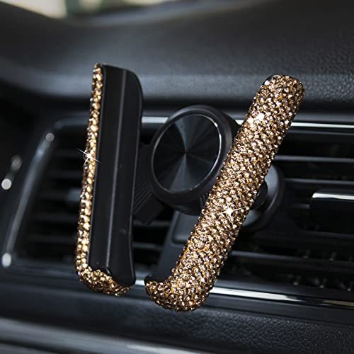 Amiss Bling Cell Phone Holder, Universal 360°Adjustable Car Phone Mount with One More Air Vent Base, Crystal Car Interior Decoration, for Dashboard and Air Vent - Gold