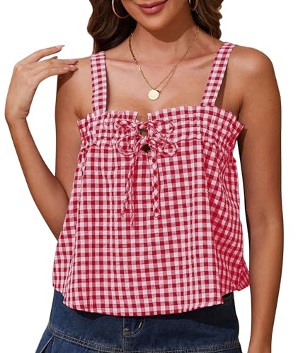 Anoumcy Cotton Gingham Tie Front Tank Tops for Women Girls Cute Plaid Tank Tops Casual Summer Y2K Going Out Top Red M