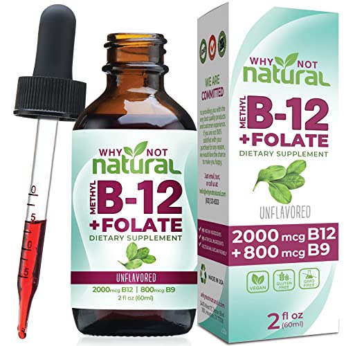 Why Not Natural Vitamin B12 Liquid Plus Folate - Organic Sublingual Extra Strength Vegan Drops - Methyl B12 and Folinic Supplement