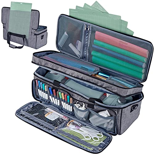 HOMEST Double Layer Carrying Case with Mat Pocket for Cricut Maker 3, Cricut Explore Air 2, Cricut Maker, Cricut Explore 3, Multi Front Pockets for Accessories and Supplies, Grey