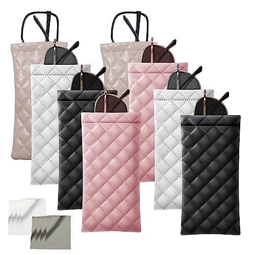 Squeeze Top Sunglass Pouch - Portable Sunglass Squeeze Top Leather Soft Glasses Case Sunglasses Organizer Bag with 8 glasses cleaning cloths-8 Pack