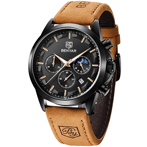BY BENYAR Men's Watches Waterproof Sport Military Watch for Men Multifunction Chronograph Black Fashion Quartz Wristwatches Calendar with Leather Strap