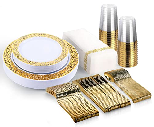 BAYZZ 175 Piece Gold Dinnerware Set,25 Guest Gold Lace Design Plastic Plates,25 Gold Plastic Silverware,25 Gold Cups,25 Gold Napkins,25 Guest Disposable Gold Dinnerware Set