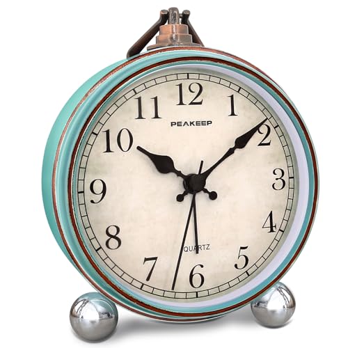Peakeep 4' Small Battery Operated Antique Retro Analog Alarm Clock for Room Decor, Silent Elegant Bedside Desk Table Gift Clock