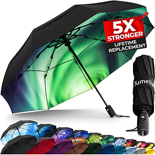 TUMELLA Strongest Windproof Travel Umbrella (Compact, Superior & Beautiful), Small Strong but Light Portable and Automatic Folding Rain Umbrella, Durable Premium Grip, Fits Car & Backpack