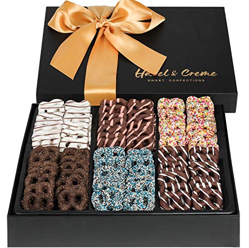 Hazel & Creme Chocolate Mini Pretzel Gift Basket - Christmas Chocolate Gift Box - Chocolate Covered Pretzels - Gourmet Holiday Food Arrangement