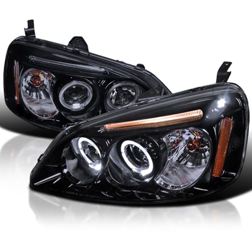 Spec-D Tuning LED Halo Glossy Black Housing Smoke Lens Projector Headlights Compatible with 2001-2003 Honda Civic 2 Door Coupe, 2001-2003 Honda Civic 4 Door Sedan Left + Right Pair Headlamps Assembly