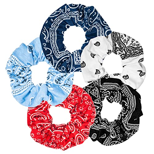 Bandana Scrunchies,5PCS Bandana Scrunchy Hair Ties, Cotton Bandana Print Scrunchies Hair Bands Scrunchy Hair Ties for Women Hair Elastics Ties.