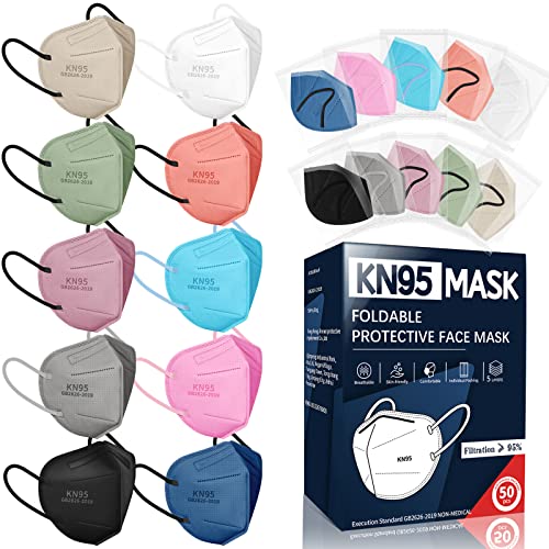 KN95 Face Masks for Adults, 50 Pack 10 Colors Disposable KN95 Masks, 5 Layer Breathable Individually Wrapped Face Masks with Designs, Filter Efficiency 95%