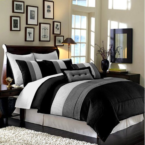 Chezmoi Collection Loft 8-Piece Luxury Striped Comforter Set (Queen, Black/Gray/White)