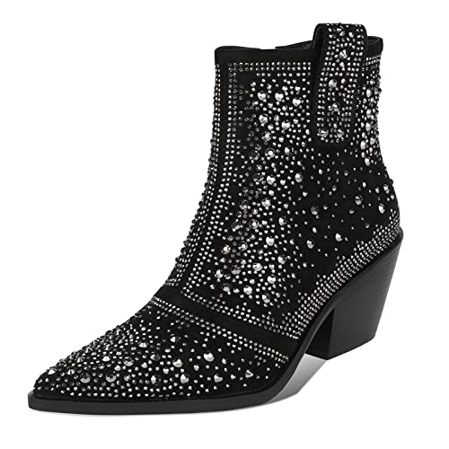 ISNOM Rhinestone Boots Cowboy Boots for Women, Sparkly Boots Short Cowgirl Boots Black Ankle Boots Block Heel Western Glitter Booties Crystal Rhinestone Combat Boots