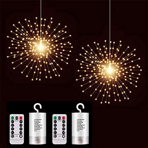 2 Pack Starburst Sphere Lights,200 Led Firework Lights, 8 Modes Dimmable Remote Control Waterproof Hanging Fairy Light, Copper Wire Lights for Patio Parties Christmas (2 Pack Battery Operated)