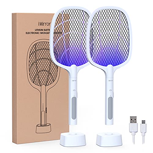 imirror Bug Zapper Racket, 2 in 1 Rechargeable Electric Fly Swatter Mosquito Swatter (2 Pack, 1800mAH)