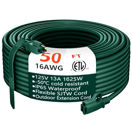 Indoor Outdoor Green Extension Cord 50 ft Waterproof, 16/3 Gauge Flexible Cold-Resistant Appliance Extension Cord Outside, 13A 1625W 16AWG SJTW, 3 Prong Heavy Duty Electric Cord, ETL HUANCHAIN