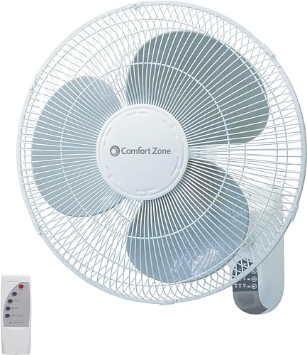 Comfort Zone Oscillating Wall Mount Fan with Remote Control, Timer, Auto Shut Off, Adjustable Tilt, Quiet, 16 inch, 3 Speed, Ideal for Home, Bedroom, Gym & Office, Airflow 14.07 ft/sec, CZ16WR