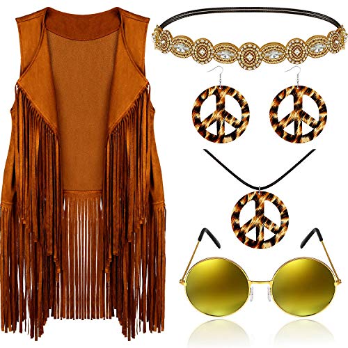 6 Pcs 60s 70s Outfits for Women Hippie Costume Set Peace Sign Earring Headband Fringe Vest Tassel Cardigan (Khaki,Small)