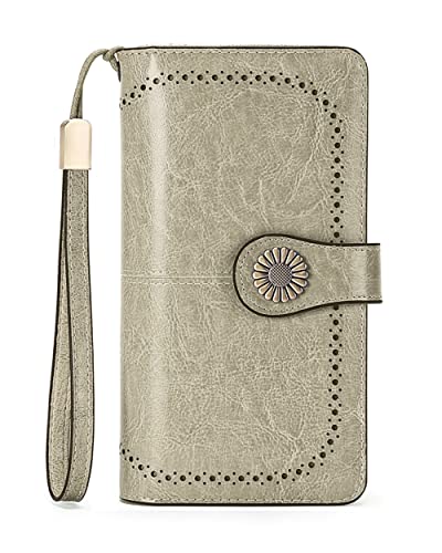 UMODE Large Capacity RFID Blocking Genuine Leather Wallets for Women with Wristlet Trifold Ladies Billfold with Zipper