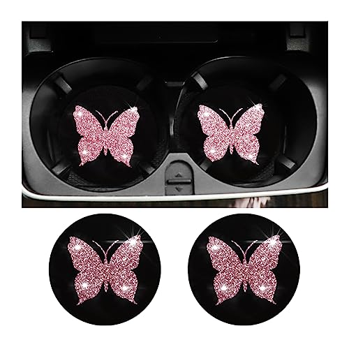 BESULEN Butterfly Car Coasters, 2 Pack Universal 2.75 Inch Anti Slip Insert Cup Holder Coasters, Bling Diamond Drink Cup Mug Mat Pad for Women, Pretty Decorations Car Interior Accessories