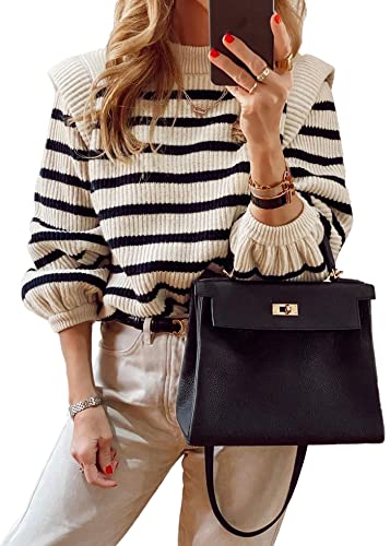 PRETTYGARDEN Women's Sweaters Casual Long Lantern Sleeve Crewneck Ribbed Knit Pullover Striped Jumper Tops Blouse (Beige Apricot,Large)