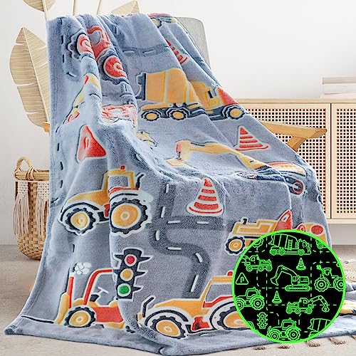 Glow in The Dark Blanket for Kids Fuzzy Cozy Warm Soft Fleece Glowing Tractor Blankets for Bed Sofa Couch Unique Gifts Construction Truck Throw Blanket for Boys Teens 50'×60'