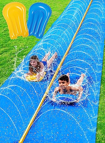 Sloosh Huge Water Slide, 30ft x 6ft Heavy Duty Lawn Water Slide with Built-in Sprinkler and 2 Slip Inflatable Boards for Party in Summer Yard Lawn Outdoor Water Play Activities