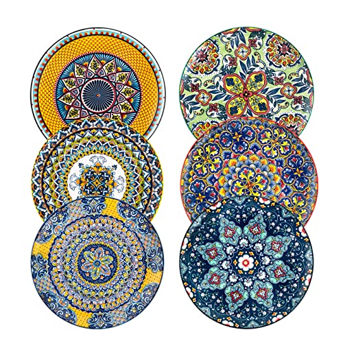 HENXFEN LEAD Ceramic Dinner Plates Set of 6-10.5 Inch Large Dessert, Pasta, Salad Plate, Porcelain Colorful Serving Dishes for Kitchen & Restaurant, Dishware, Microwave & Oven safe - Bohemian Style
