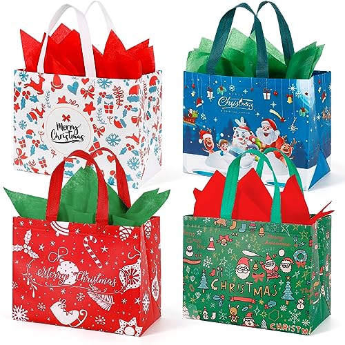 Large Christmas Gift Bags with Tissue Paper,12 Pack Reusable Xmas Gift Bags With Handle Christmas Bag Bulk Non-Woven Holiday Gift Bags Christmas Treat Baskets Party Supplies 12.2' x 9.8' x 4.5'
