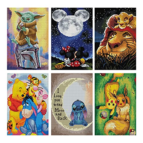 LWZAYS 6 Pack Cross Stitch Kit - 11CT Cartoon Anime Pre-Printing Painting for Home Decoration, Full Series Embroidery Getting Started Set for Beginners' Art Crafts (11.8x15.7inch)