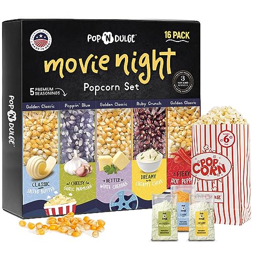 Popcorn Movie Night Supplies Popcorn Kernels Popcorn Seasoning 16 Pack, 5 Gourmet Popcorn Kernels, 5 Popcorn Seasoning Variety Packs Non-GMO Snacks, Includes 6 Bags, Gift Basket Idea