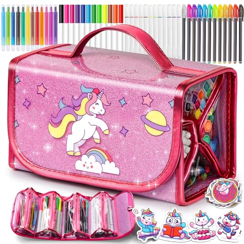 beefunni Unicorn Washable Markers Set 48 pcs with Glitte Pencil Case, Art Supplies for Kids Ages 4-6-8, Arts Crafts Coloring Set with Unicorn Stickers - Birthday Gifts for Girls 4 5 6 7 8 9 Year Old