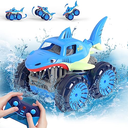 MaxTronic Remote Control Car, Amphibious RC Cars with 2.4Ghz 4WD All Terrain Waterproof RC Shark Monster Truck Toys for Boys Girls 3-12 Years