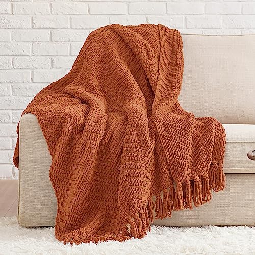 Bedsure Terracotta Throw Blanket for Couch – Versatile Knit Woven Chenille Blanket for Chair, Super Soft, Warm & Decorative Blanket with Tassels for Bed, Sofa and Living Room (Terracotta, Throw)