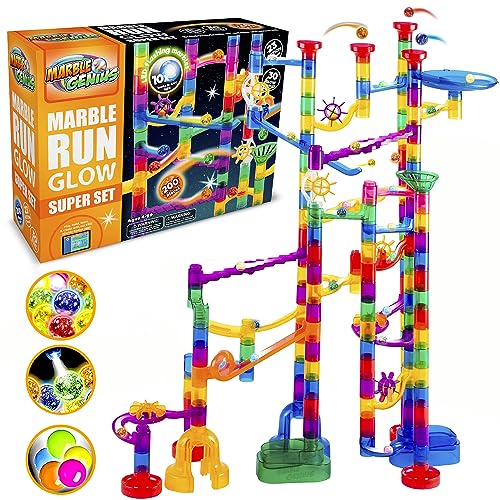 Marble Genius Glow Marble Run Set, Marble Maze Glow in The Dark (200 pcs) STEM Educational Building Block Toy, Instruction App Access & Full Color Instruction Manual, Great Gift for Kids, Super Set