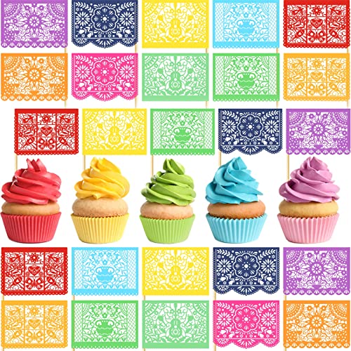 60 Pcs Mexican Fiesta Picado Banner Cake Topper Fiesta Theme Cake Topper Colorful Mexican Cake Topper Banner Mexican Fiesta Picado Banner Cake Toppers Happy Birthday Cupcake Flags for Cake Decorations