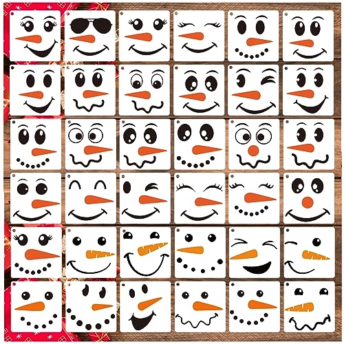 Christmas Snowman Face Stencils 3 Inch Reusable Winter Ornament Drawing Templates Small Christmas Stencils for Painting on Wood Slice Window DIY Christmas Tree Ornaments (36pcs snowface 3x3in)