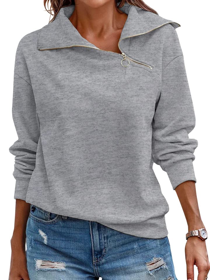 Womens Zipper Sweatshirt Turtleneck Long Sleeve Pullover Casual Loose Sweatshirts Top T Shirts Light Grey
