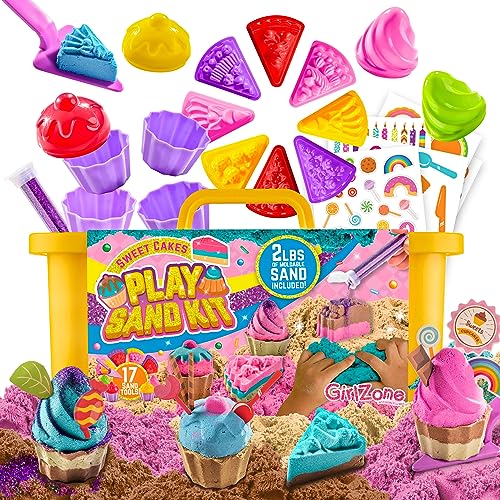 GirlZone Sweet Cakes Play Sand Kit, Fun Sand Box Toys Kit with 2lbs Moldable Sensory Sand and 17 Sandbox Sand Tools, Fun Sand Toys for Toddlers Age 3-5 and Sand Play Set