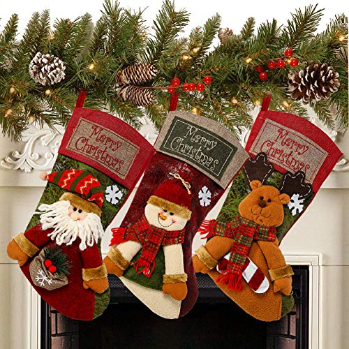Sunnyglade 3PCS 18' Christmas Stocking Classic Large Stockings Santa, Snowman, Reindeer Xmas Character for Family Holiday Christmas Party Decorations