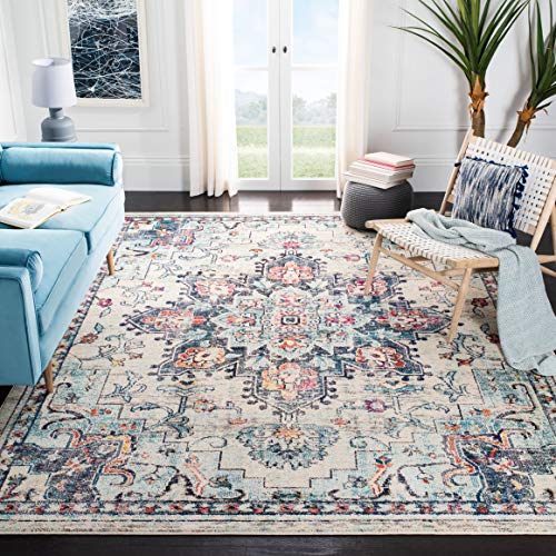 SAFAVIEH Madison Collection Area Rug - 8' x 10', Cream & Blue, Boho Chic Medallion Distressed Design, Non-Shedding & Easy Care, Ideal for High Traffic Areas in Living Room, Bedroom (MAD473B)