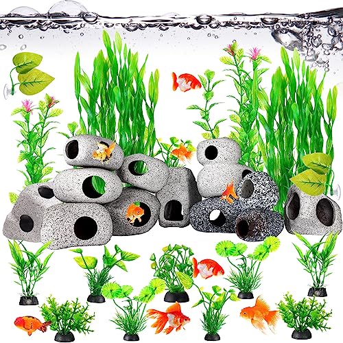Gejoy 28 Pcs Aquarium Fish Tank Plants Decoration Set Include 12 Pieces Ceramic Hideout Rock Cave Stones and 16 Pieces Aquatic Plastic Plants for Betta Shrimp Cichlid Hiding Breeding Spawning Decor