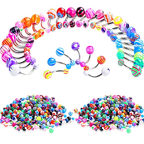 Junkin 200 Pieces Belly Button Rings Barbells Colorful Body Piercing Jewelry Navel Barbell Body Stainless Steel Belly Button Rings Body Piercing Jewelry for Women Girls